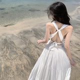 Plataz Dress 2024 New Sanya Hanging Neck Dress Sexy Bare Back White Sling Dress Holiday Dress