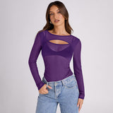 Plataz Women's Summer 2024 New Solid Color Long Sleeve Bottom Net Slamm Slamm An Empty Top DJPT