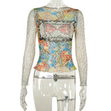 Plataz Autumn 2025 New Women's Clothing Vintage Quality-Renovined Print Mesh T-Shirt Woman DJPT