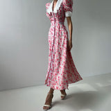 Plataz Women's Summer Printing Dolls To Receive Waist Thin Temperament Bubble Sleeve Dress