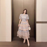 Plataz Summer Collar Splicing Flower Mesh Embroidery Cake Dress Dress