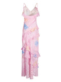 Plataz Colored Sling Skirt 2025 Summer New Fashion V-Neck Sleeveless Print Lotus Leaf-Side Dress Woman