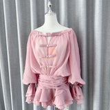 Plataz Spring And Summer New French Pure Desire Shoulder Bow Tective Chest Long Sleeve Fluffy Trouser Skirt