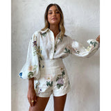 Plataz Autumn Australian Fashion Brand Elegant Fresh Floral Femininity Commuting Long-Sleeved Shirt Top High-Waist Shorts Set