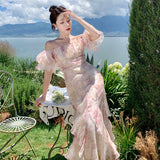 Plataz Bubble Sleeve Chiffon Flower Hanging Dress Women Summer Seaside Holiday Super Fairy Long Dress