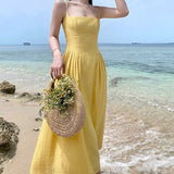 Plataz Yellow Bareback Strap Sling Sexy Dress Seaside Holiday Dress Waist And Ankle Beach Dress