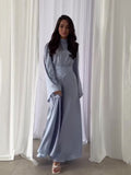 Plataz Summer New Fashion Temperament Breathable Waist-Watery Pure-Color Long-Sleeved Dress