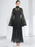 Plataz Autumn New Collar Horn Sleeve Lace To Receive Waist Long Dress Woman