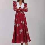 Plataz Floral Print Temperament Long-Sleeved Waist-Up Retro Swing Dress