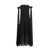 Plataz 2025 New One-Word Three-Dimensional Flowers Splicing Shoulder Sexy Long Folding Long Folded Skirt Woman