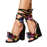 Plataz Heels Embroidered Three-Dimensional Velvet Bow Sandals Straps Thick Heel Sexy High Heel Women's Sandals High Quality Shoes