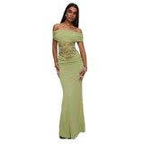 Plataz Women's Spring And Summer New Solid Color Open Shoulder Splicing Lace Super Long Dress Woman DJPT