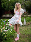 Plataz Summer New Square Collar Bubble Sleeve Bow Tie With Belt Print Short Dress Woman
