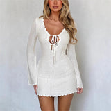 Plataz Women's New Knitted Tying Dress With Long Sleeves And Hip Mini Skirt HZ0628