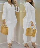 Plataz Explosion Color New Plain Horn Sleeve V Collar Top And Trousers Fashion Lady Set DJPT