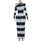 Plataz Autumn New Dizzened Black And White Striped Asymmetrical Shoulder Heap Long Sleeve Dress Woman DJPT