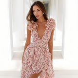 Plataz 2025 New Solid Color Sleeveless Flaming Flower Fork Sexy Dress