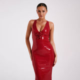 Plataz Lit Back Party Sexy Dress Red Cane Open-Fork Dress Three-Dimensional Flower Dress