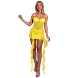 Plataz Women's Sleeveless Lace Ribbon Lotus Side Tight Ass Skirt DJPT