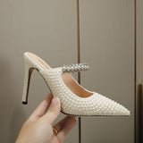 Plataz Women's Shoes Brand White Pearl Tip High Heel Fashion Half-Empty Ladies Sandals High Quality Shoes