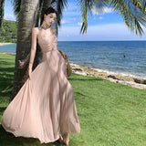 Plataz Fragmented Hanging Neck Dress Spring And Summer Holiday Wind Pure Lusty Folding V-Neck Net Yarn Long Dress Girl
