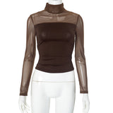 Plataz Women's High-Collar Mesh Splicing Long Sleeve Sexy Perspective Short Top DJPT