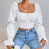 Plataz And Summer Women Pure White Long Sleeve Front Breast Strap With Bare Back Sexy Waist Shirt Crop Top DJPT