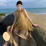 Plataz New Temperament Hanging Neck Dye Chiffon Skirt Fake Two Holiday Dress Summer
