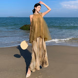 Plataz New Temperament Hanging Neck Dye Chiffon Skirt Fake Two Holiday Dress Summer