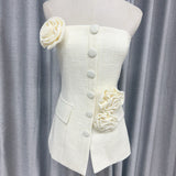 Plataz Sanguan White Rose Set 2024 New Single-Breasted Breast-Wear Flower Top High-Waisted Broad Leg Trousers