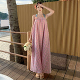 Plataz New Thai Sanya Beach Holiday Loose Retro Lattice Long Hanging Neck Tset Dress Summer