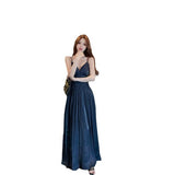 Plataz Desire To Show The Back V Tie Sling Dress Women Summer High-End French A-Shaped Dress Folded Waist Dress Long Dress
