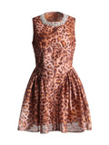 Plataz High-End Leopard Print Skirt 2025 Summer New Round Collar Diamond Waist Dress Dress Woman