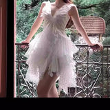 Plataz 2025 White Feathers Hollow V-Necked Dress 9009