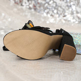 Plataz Heels Embroidered Three-Dimensional Velvet Bow Sandals Straps Thick Heel Sexy High Heel Women's Sandals High Quality Shoes