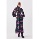 Plataz 2025 Printed Lace Splicing Hollow Rivet Collar Lantern Long-Sleeved Dress Woman