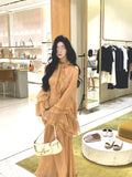 Plataz Cooked Wind Kaqi Color Lotus Leaf Side Horn Sleeve Topsuit 2024 Autumn New Temperament Drag Floor Skirt