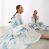 Plataz Women's Printed Chiffon Dress V Collar Folded Waist Drawstring Long Sleeve 8042 HZ0628