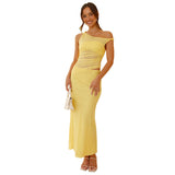 Plataz Women's Solid Color Sleeveless Slanted Shoulder Splicing Body Jacket Hollow Dress DJPT