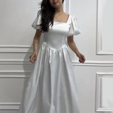 Plataz Women's Summer French Style Collar Bubble Sleeve High-Rise Body-Daughter Collared Collar