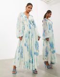 Plataz Women's Printed Chiffon Dress V Collar Folded Waist Drawstring Long Sleeve 8042 HZ0628