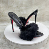 Plataz 12Cm Pointed Thin Heeled Tips High Heels Women Black Hair Cool Slippers High Quality Shoes