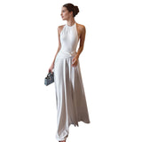 Plataz Women's Solid Color Sleeveless Hanging Neck Densified A-Shaped Long Dress DJPT