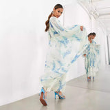 Plataz Women's Printed Chiffon Dress V Collar Folded Waist Drawstring Long Sleeve 8042 HZ0628