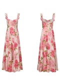 Plataz Summer Designer Tide Brand NA Rose Print Retro Goddess Slinging Low-Breasted Holiday Style Dress