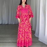 Plataz Women's Autumn New V-Necked Lantern Sleeve Print High-Waist Retro Long Dress