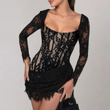 Plataz Autumn 2025 New Famous Style Temperament Sexy Lace Shens Waist With Long Sleeve Dress Woman DJPT