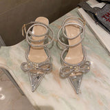 Plataz Sandals 2025 Spring Lady Water Diamond Bow Women's Shoes Fine Heel Head French Beauty Sandals High Quality Shoes