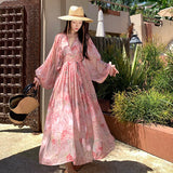 Plataz And Autumn 2024 New Pink Long-Sleeved Broken Flower V-Neck Dress To Close The Waist Lantern Sleeve Holiday Beach Skirt