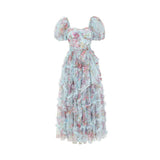 Plataz Summer British Tide Brand Dream Fairy Flower Net Collar Bubble Sleeves Wide Swing Flowing Dress Dress
